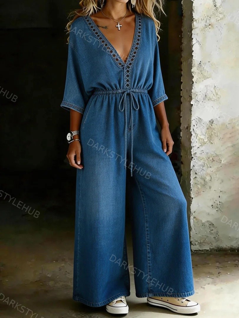 Women's Retro V-Hollow-neck Wide-leg Denim Jumpsuit