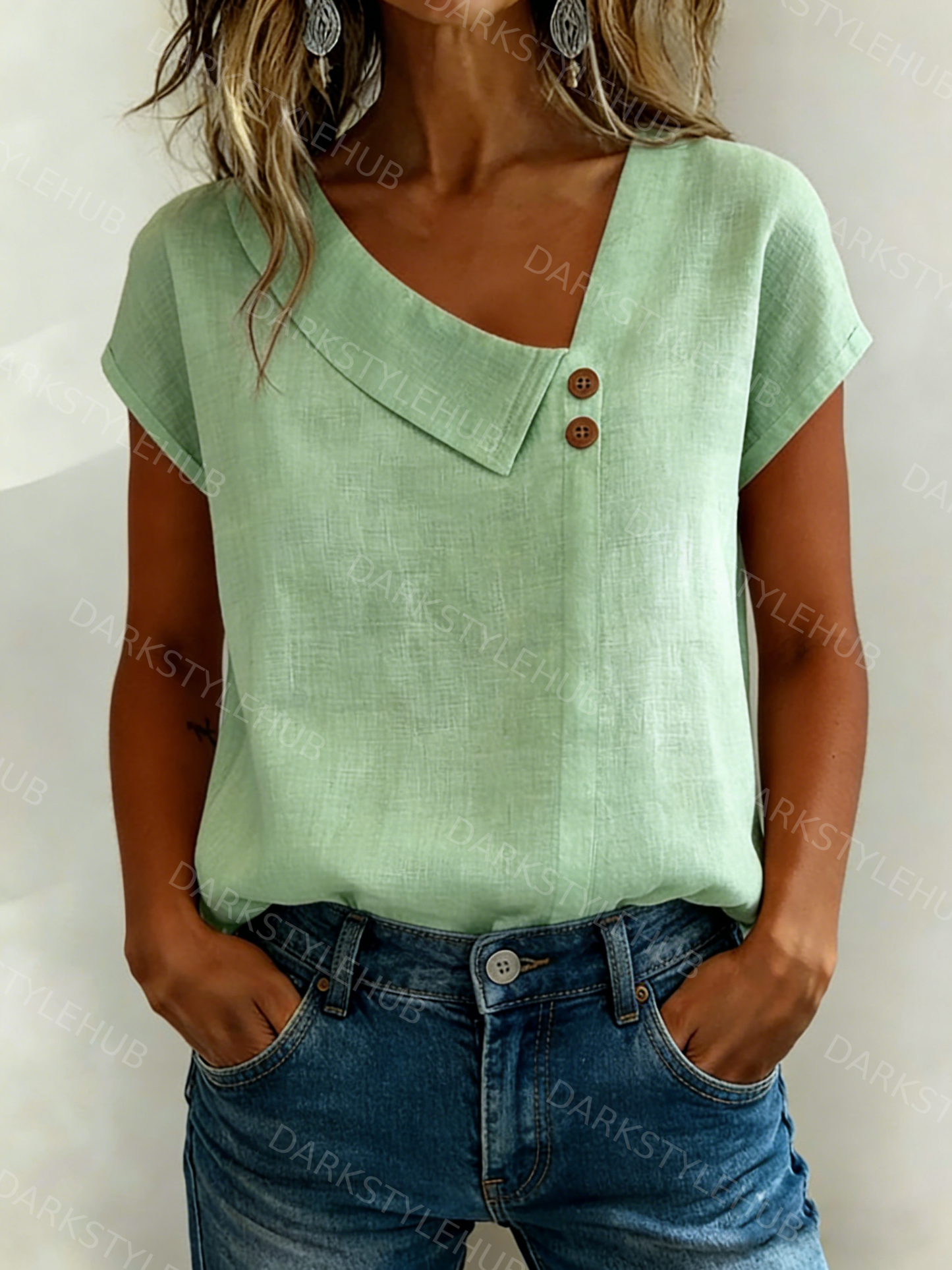 Women's Casual Solid Color V-Neck Short Sleeve Cotton and Linen Button Top