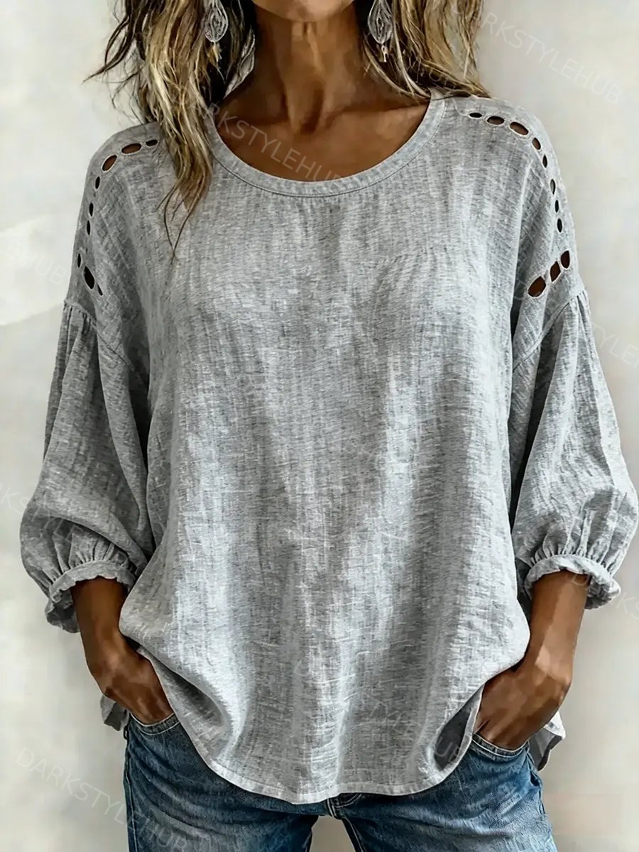 Women's Casual Hollow-out Design Round Neck Cotton Linen Shirt