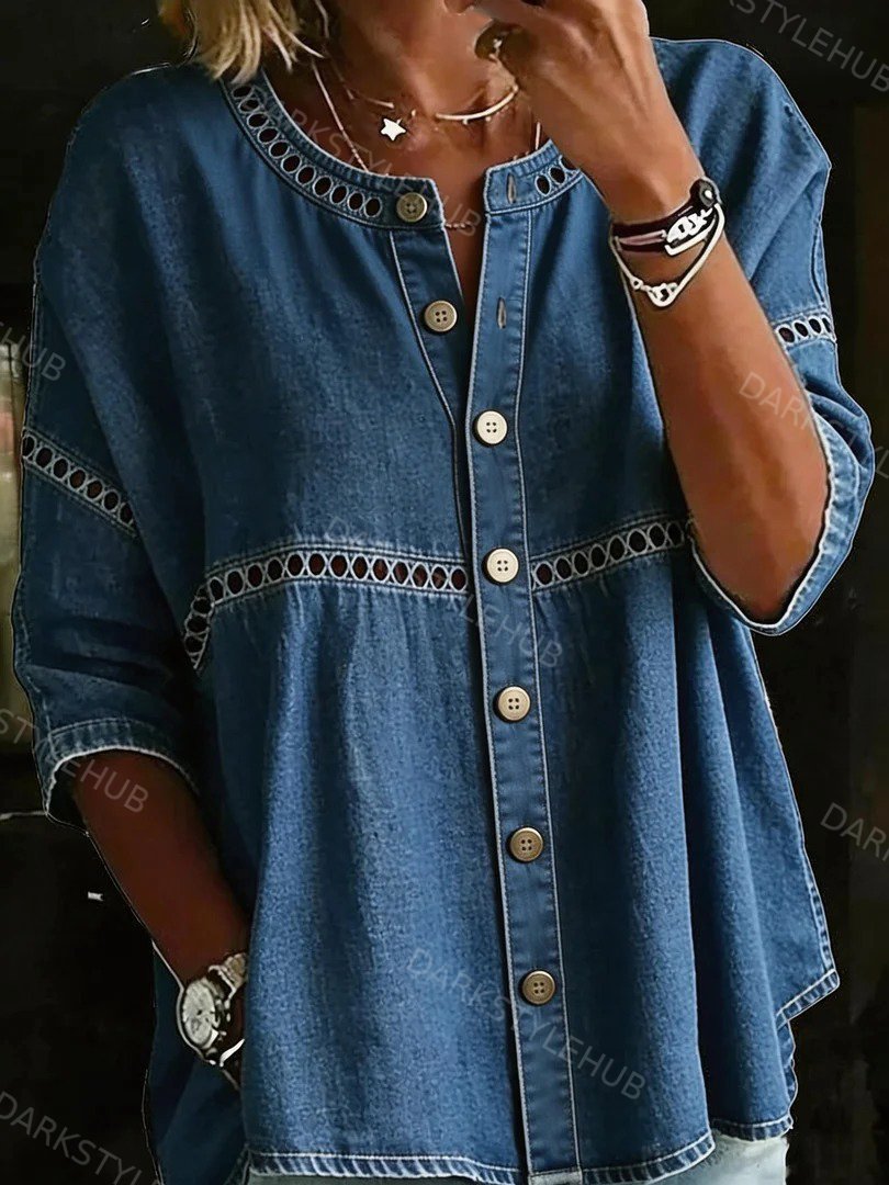Women's Solid Color Casual Loose Buttons Up Denim Blouse Shirt