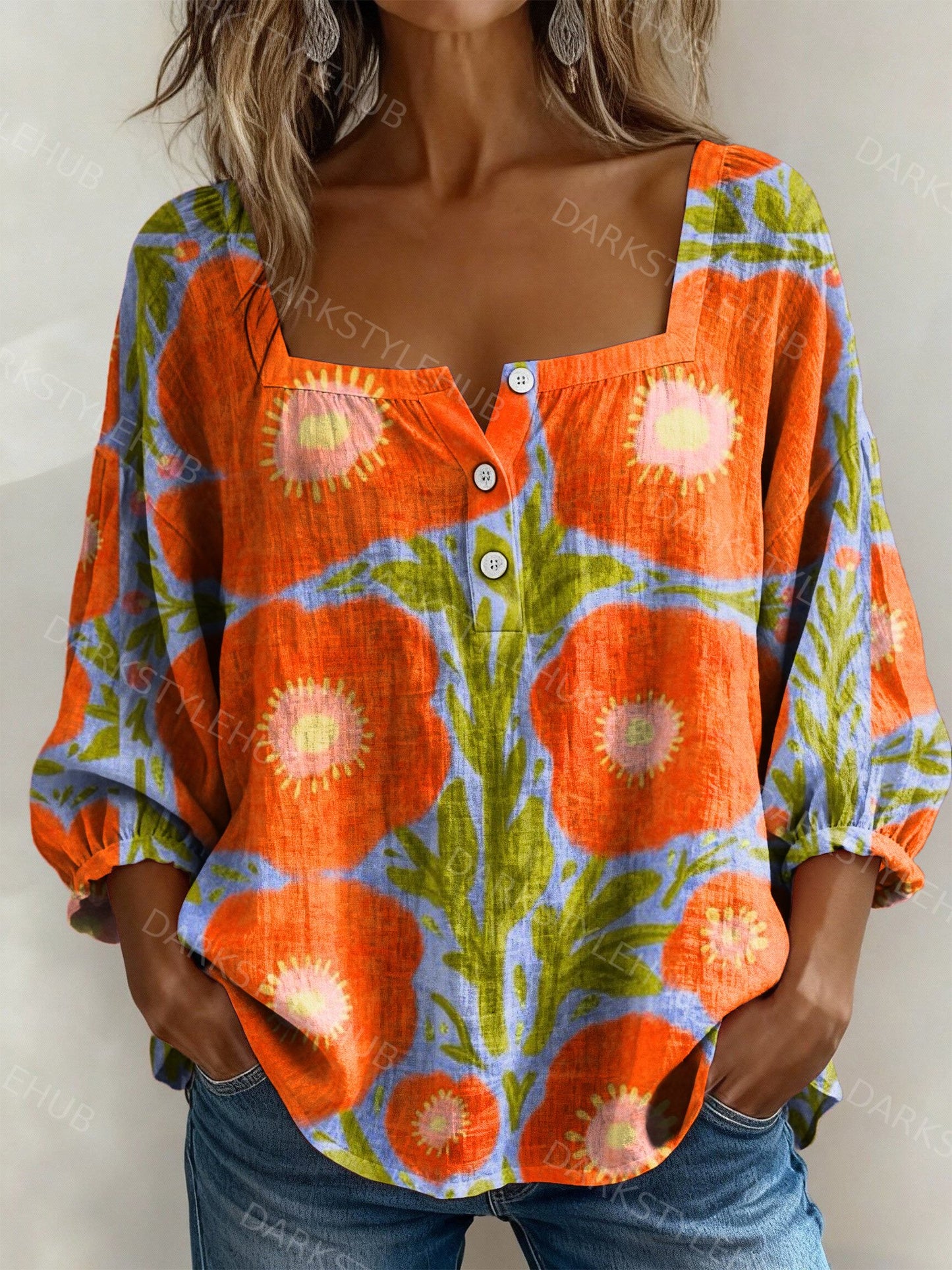 Women's Colorful Floral Print Casual Cotton Linen Shirt
