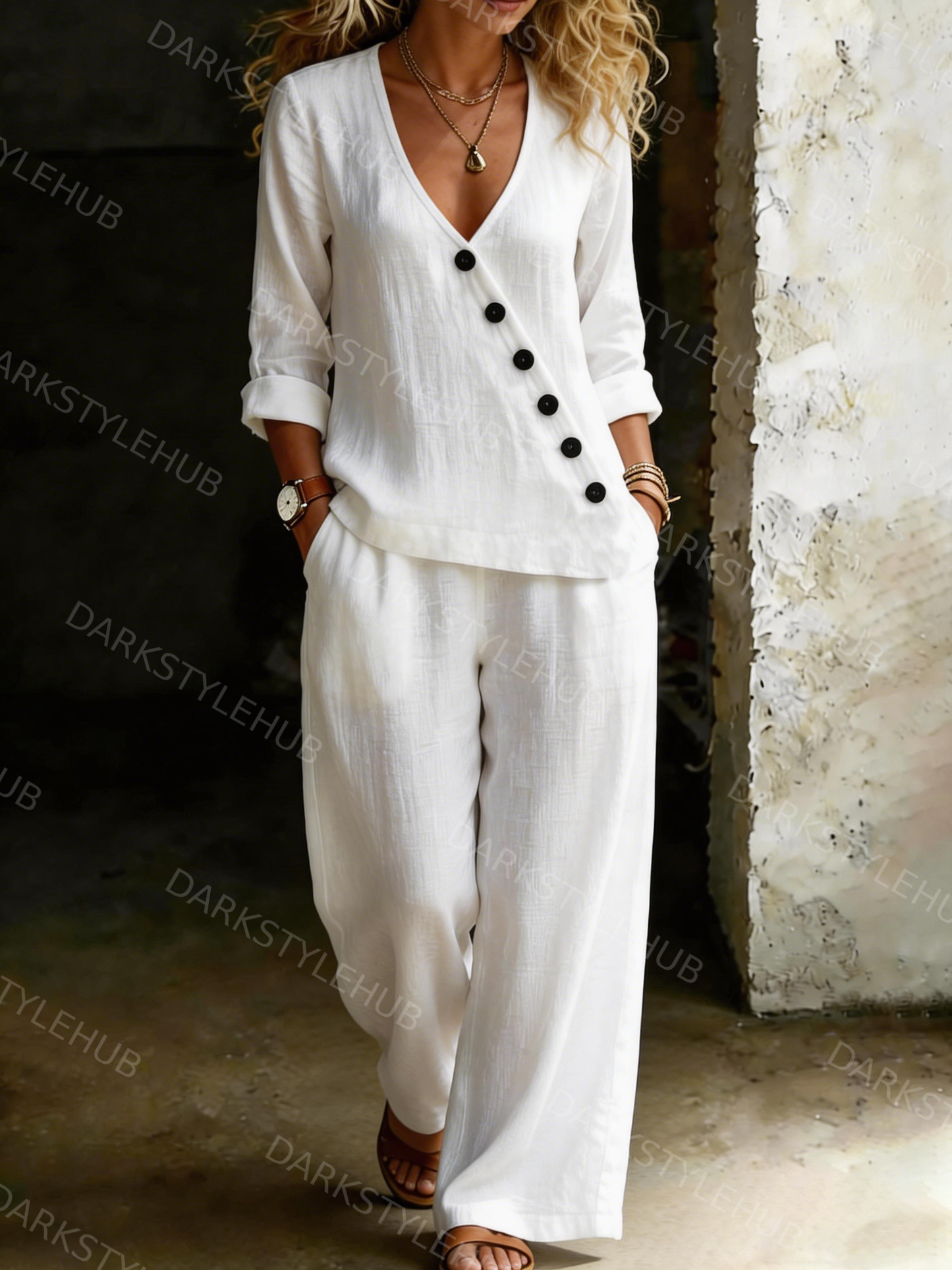 Women's Minimalist V-neck Shirt And Wide-leg Pants Two-piece Set