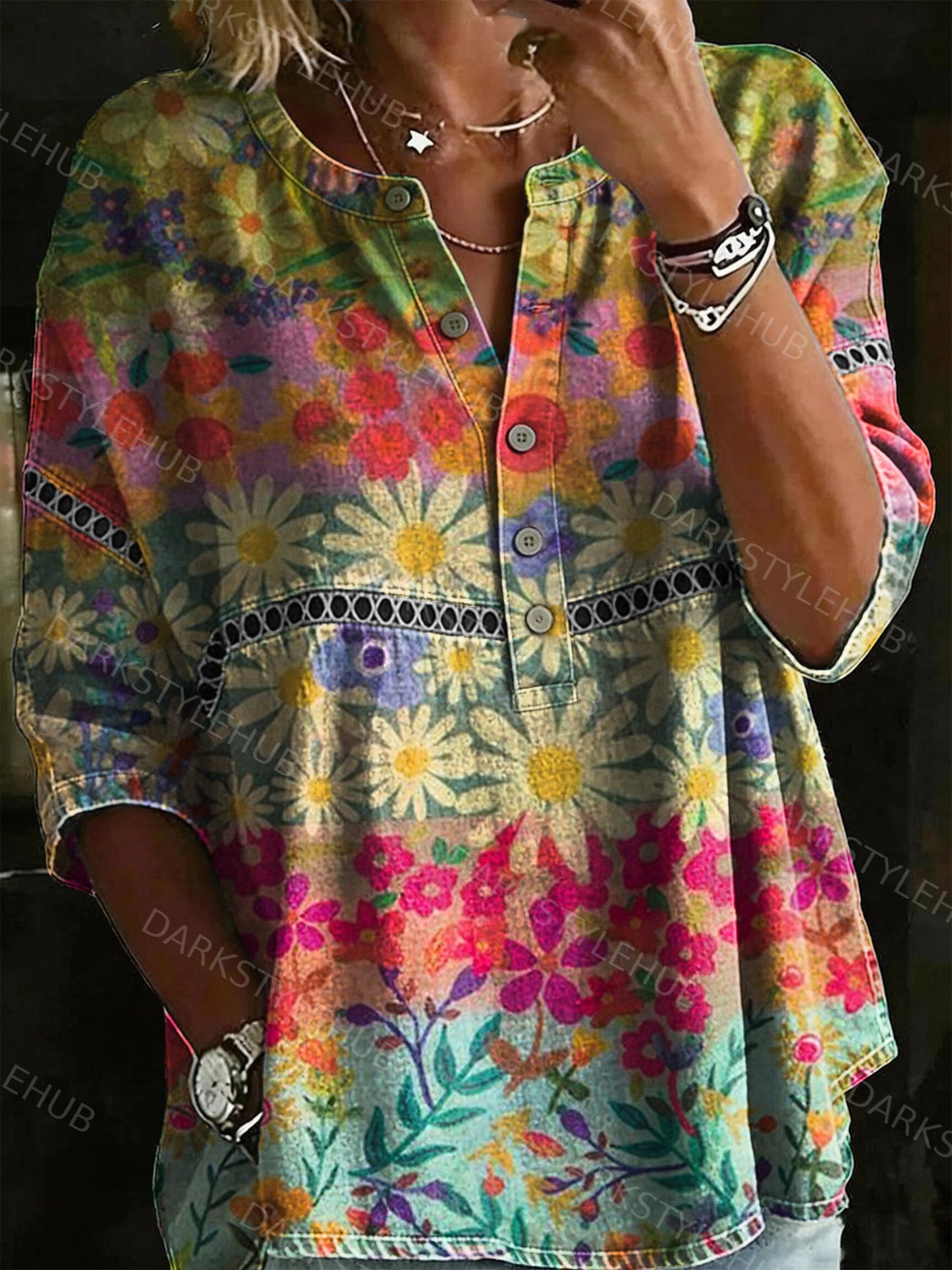 Women's Vintage Floral Print Casual Loose Denim Henley Shirt