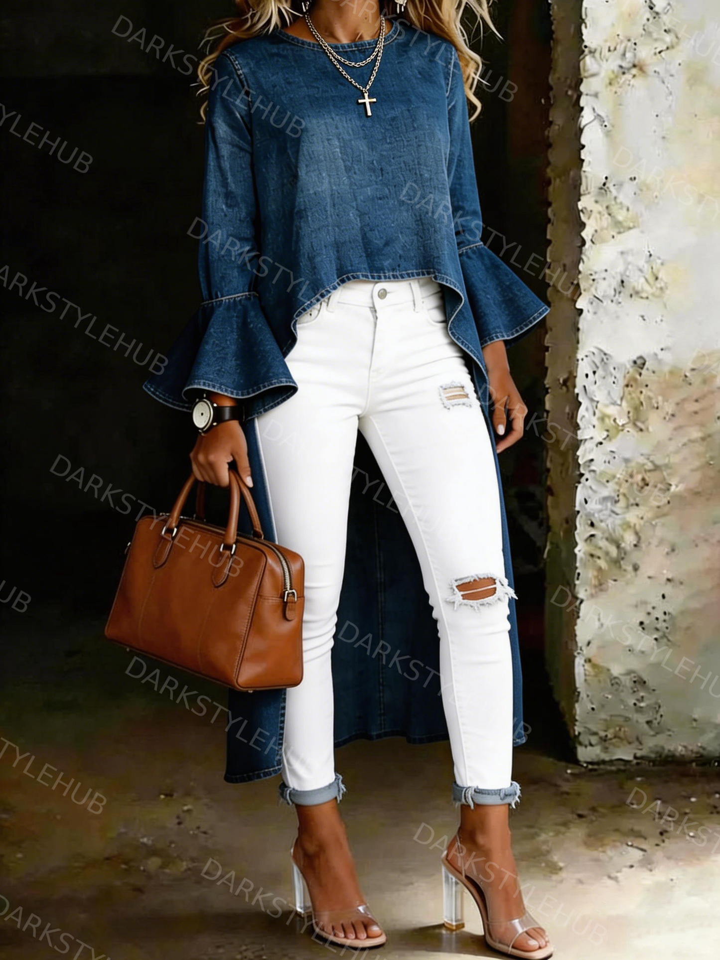 Women's Casual Solid Color Bell Sleeves Cotton Denim Shirt