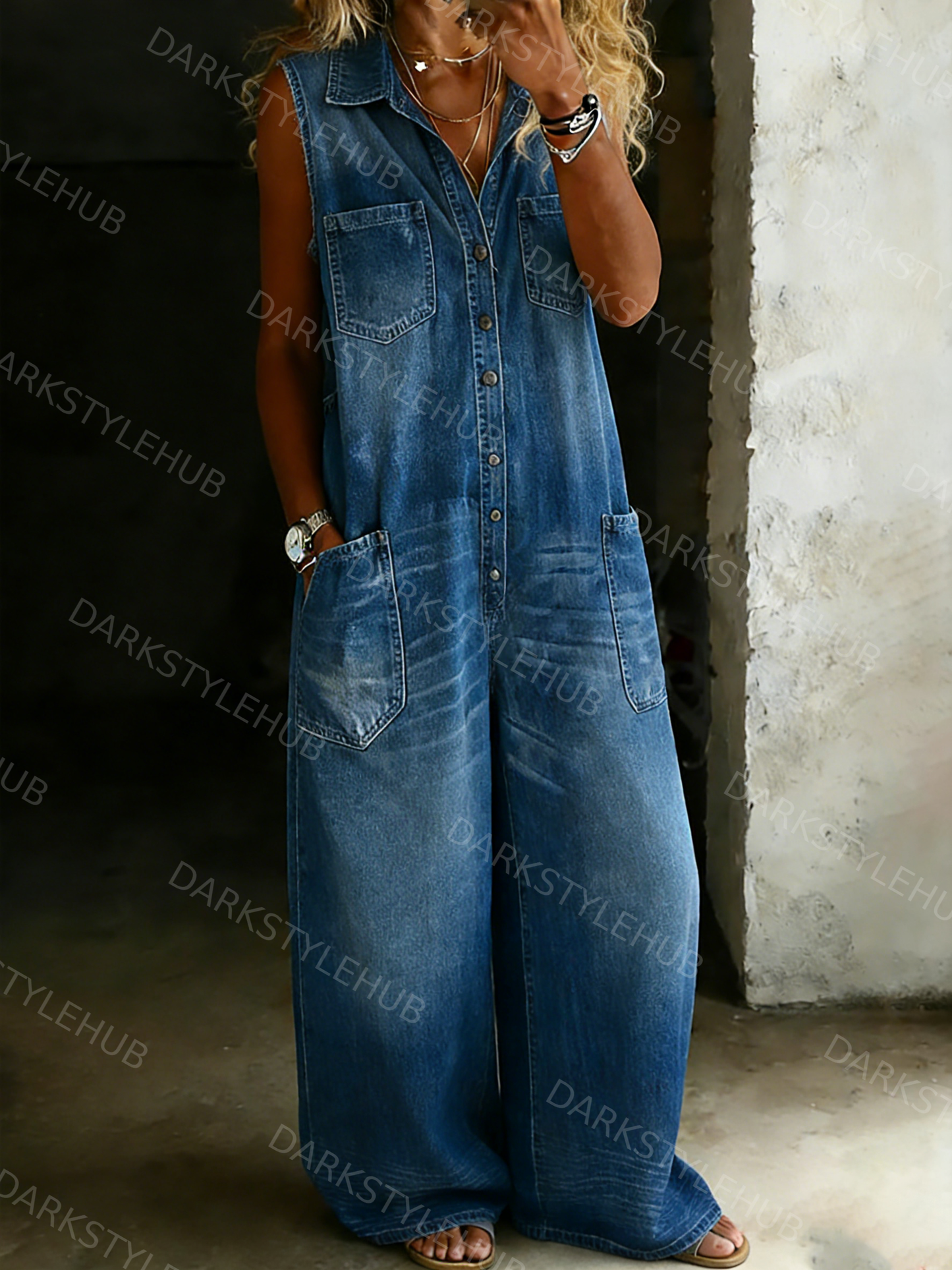 Women's Solid Color Cozy Casual Cotton Denim Sleeveless Jumpsuit