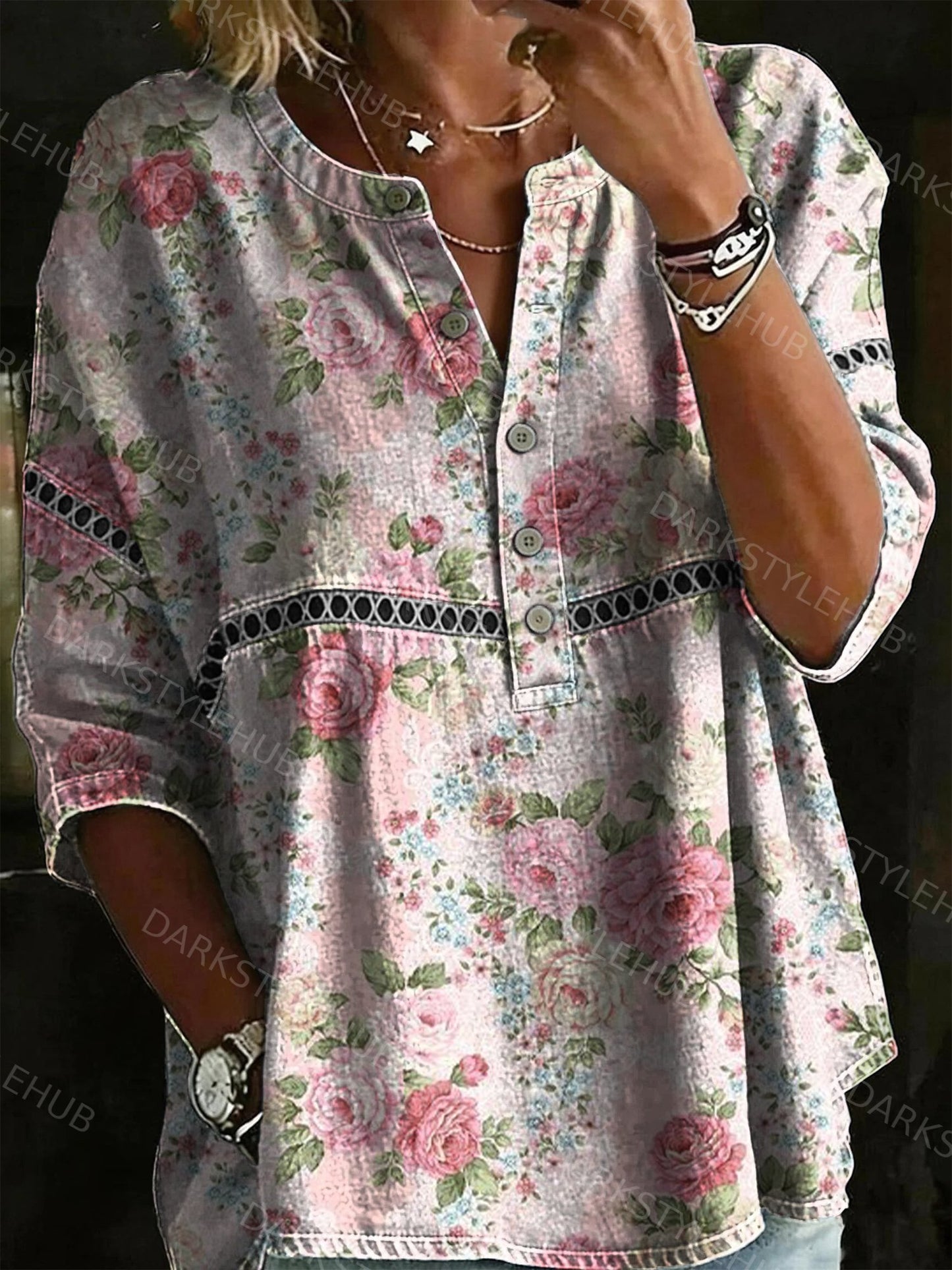 Women's Vintage Floral Print Casual Loose Denim Henley Shirt