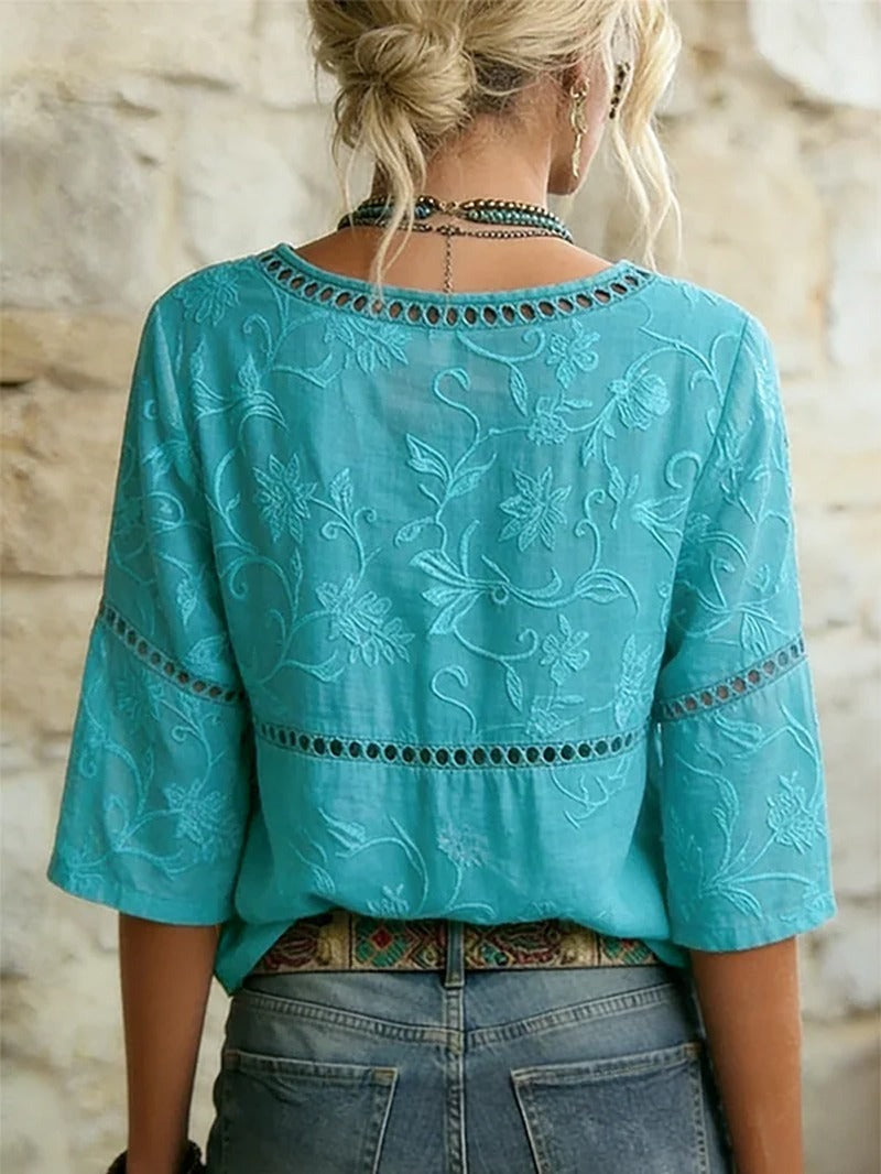 Flower Embroidered Hollow Out Cotton Top