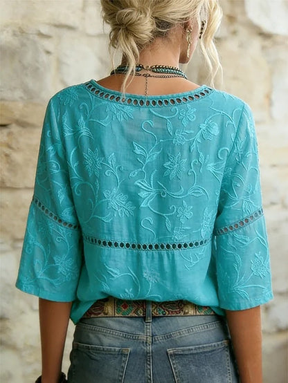 Flower Embroidered Hollow Out Cotton Top