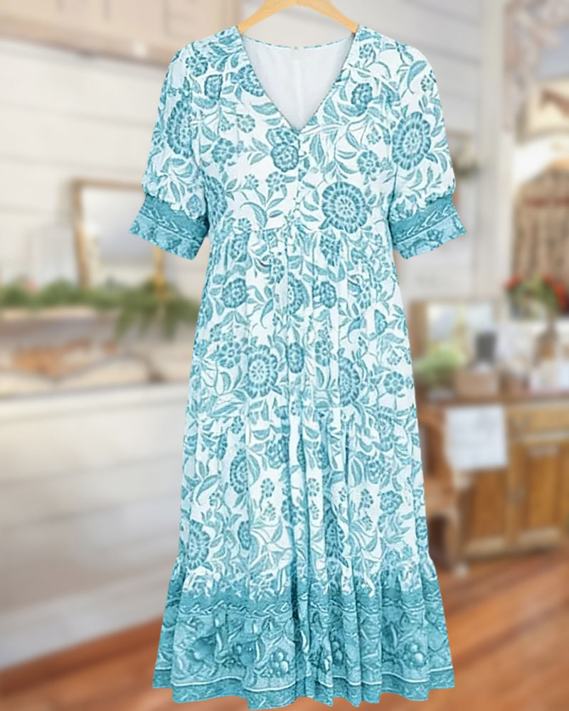 Floral Print Bohemia V Neck Swing Midi Dress