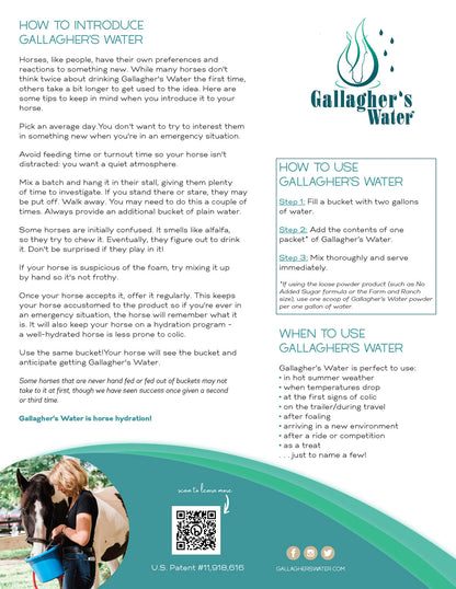 Gallagher’s Water All-Natural Equine Hydration Beverage NO SUGAR ADDED
