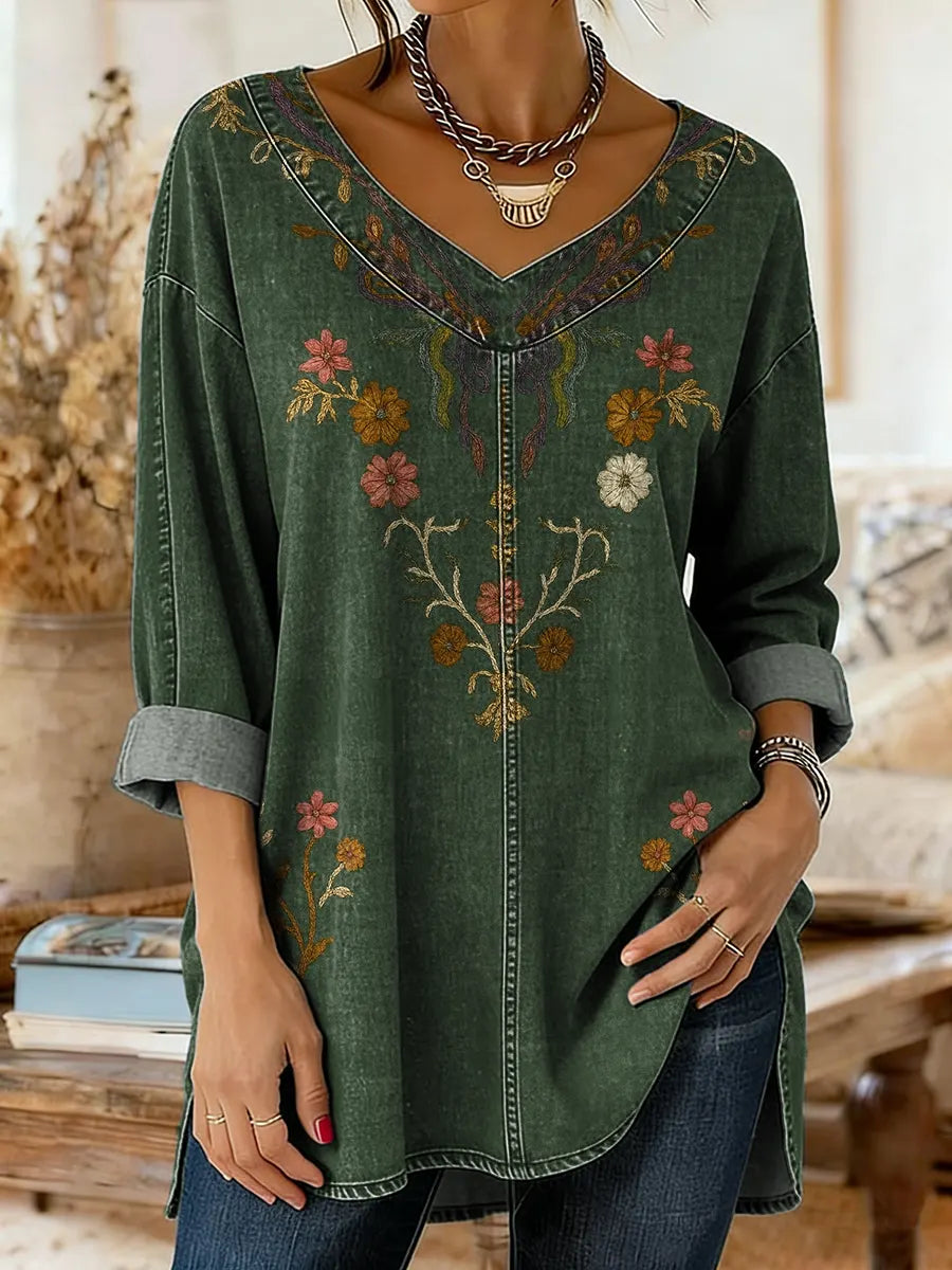Ethnicity Flowers Dark Green Women's Art Print Casual Washed Denim Cotton Top