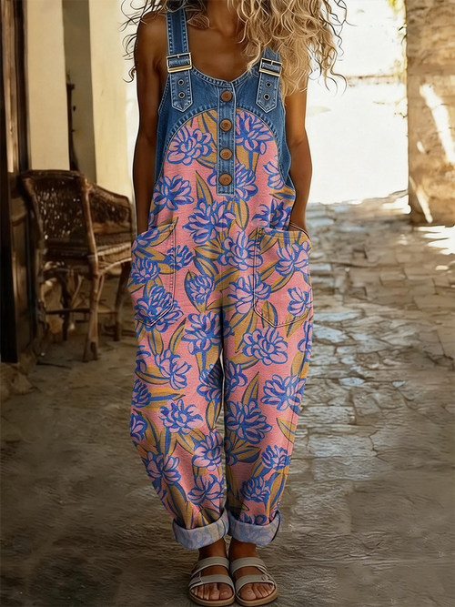 Women's Retro Floral Art Print Casual Denim Patchwork Jumpsuit