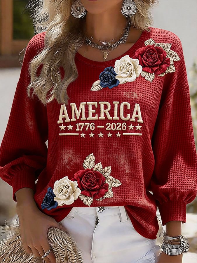 Women's American 250th Anniversary Waffle Lantern Long-Sleeve Crew Neck T-Shirt
