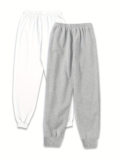 Two Pack Pants, Solid Drawstring High Waisted Sweatpants, Casual Every Day Pants, Women's Clothing