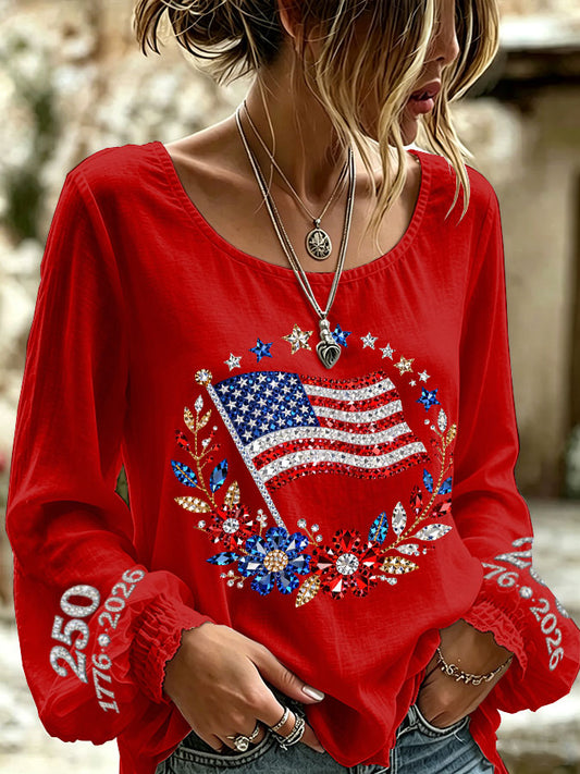Women'S America Flag Printed Casual Cotton And Linen Top