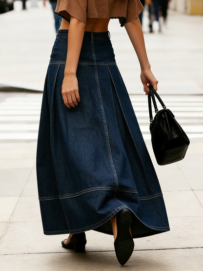 Stylish Wide-pleated 100% Cotton Denim Skirt