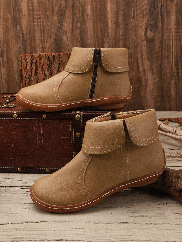 Women Hemmed Zip Casual Plain Round Toe Short Boots With Flat Heel