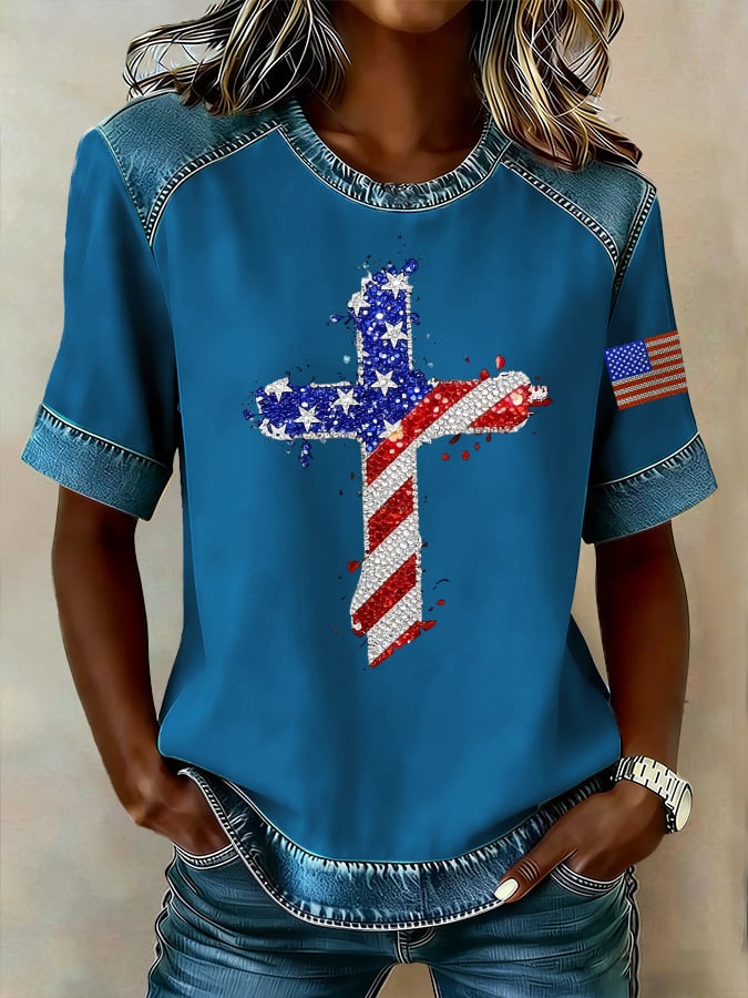 Women's casual retro American patriotic faith T-shirt
