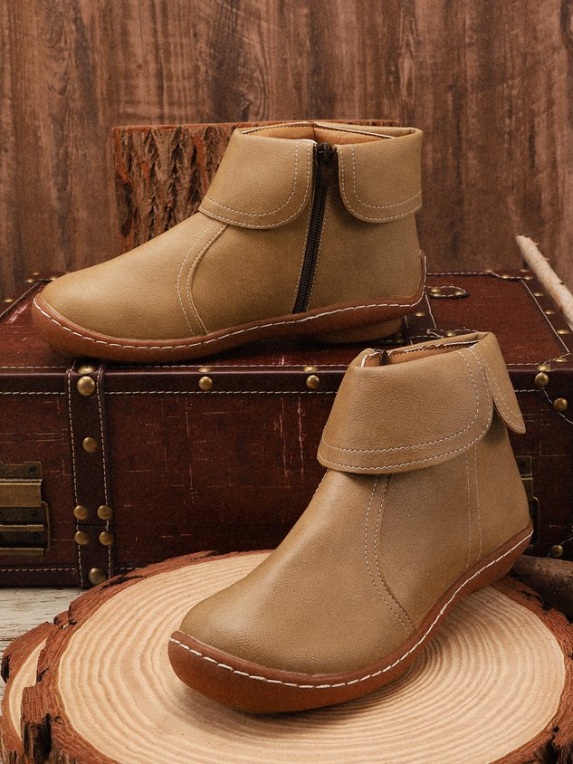 Women Hemmed Zip Casual Plain Round Toe Short Boots With Flat Heel
