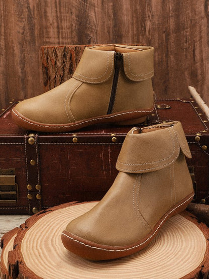 Women Hemmed Zip Casual Plain Round Toe Short Boots With Flat Heel