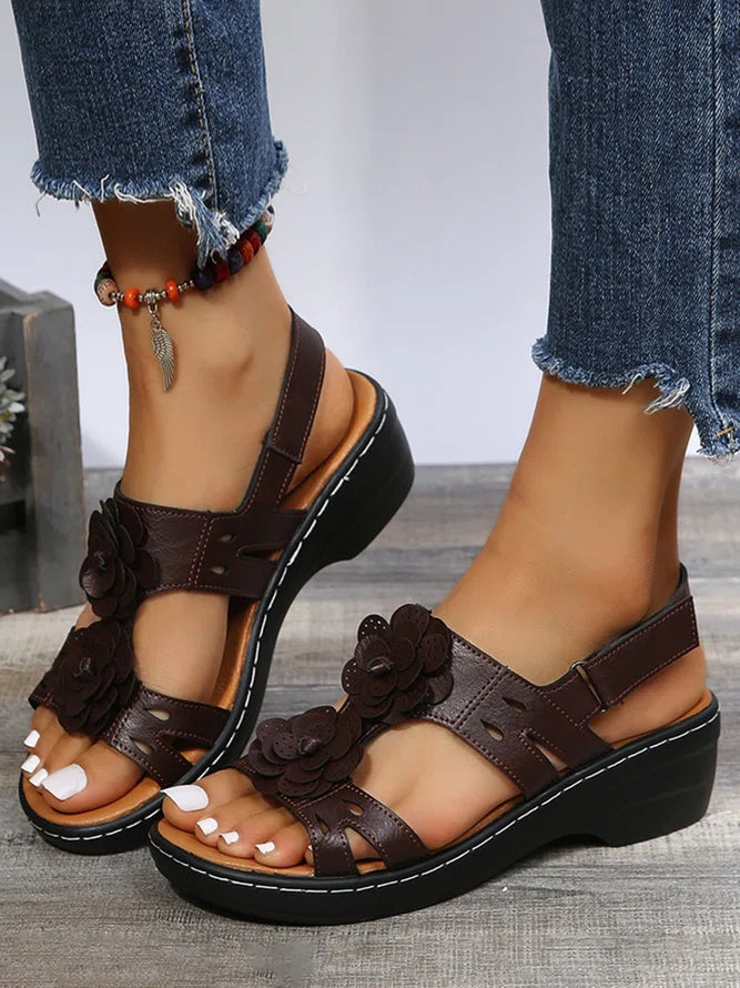 Vintage Flower Cutout Breathable Comfort Soft Sole Wedge Sandals