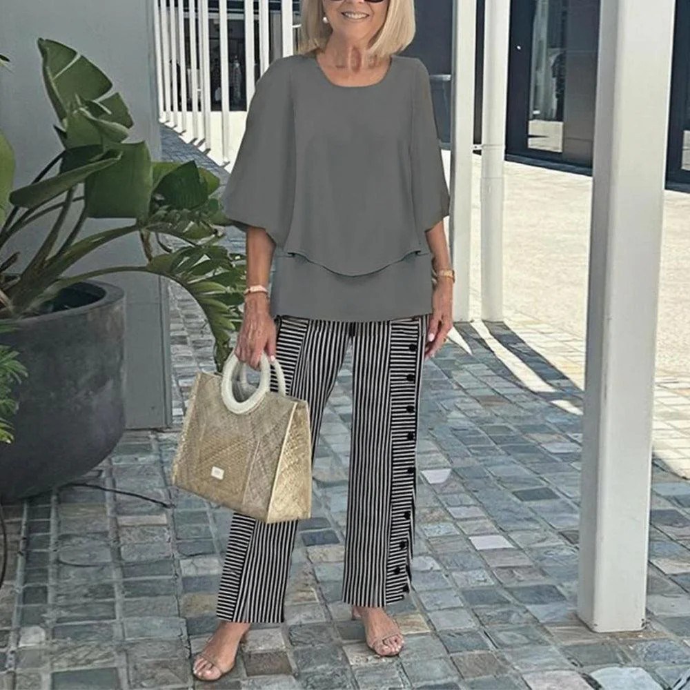 Women's Round Neck Mid-Sleeve Top With Floral Print Pants Set Two-Piece