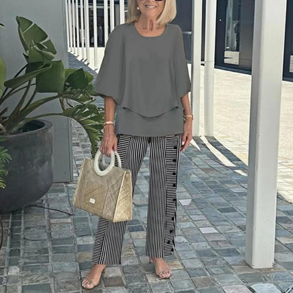 Women's Round Neck Mid-Sleeve Top With Floral Print Pants Set Two-Piece