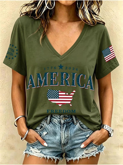 Women'S Retro Independence Day Printed Casual Short Sleeved T-Shirt