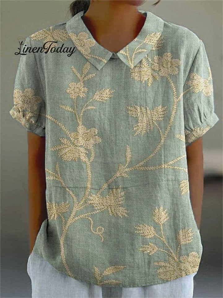 Women's Vintage Floral Art Print Casual Cotton Linen Shirt