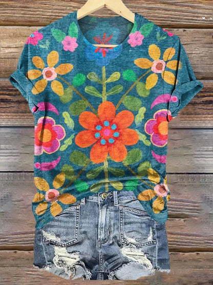 Women's Bohemian Floral Art Print Casual Cotton Linen Shirt
