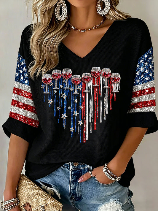 Women's Casual American Independence Day Red Wine Glass Love Glitter Printed T-shirt