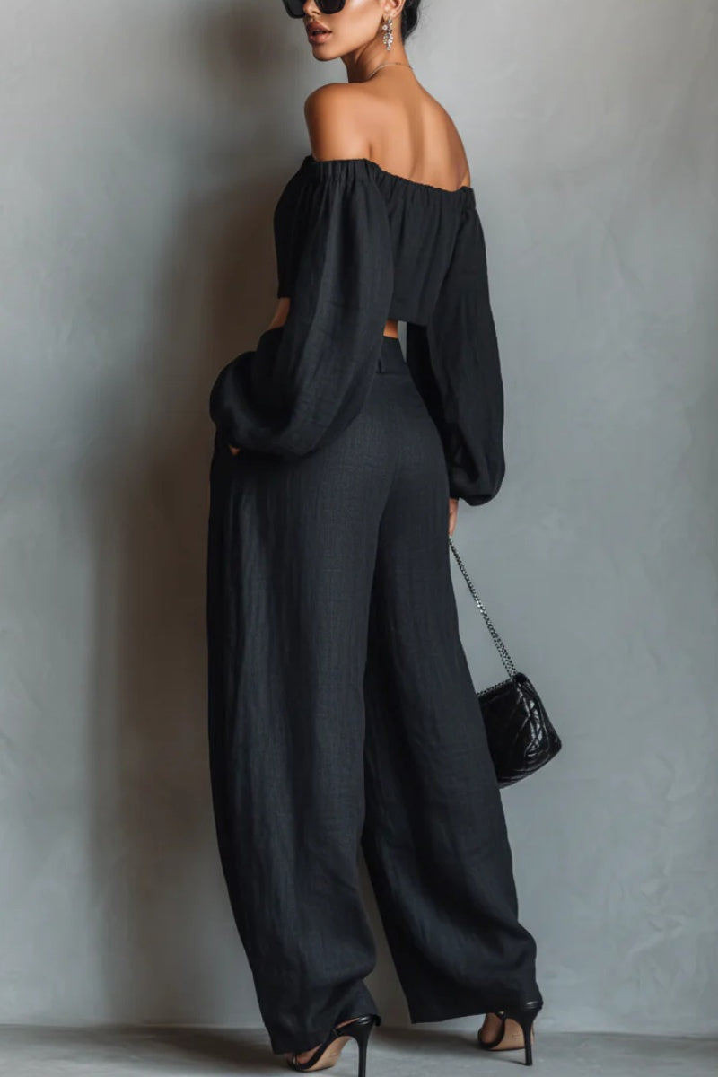 Women's Minimalist Linen Blend Strapless Long-sleeved Blouse And Wide-leg Pants Set