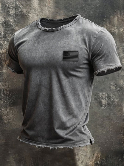 Men'S Retro Style Loose Cuff 100% Cotton Washed And Faded T-Shirt