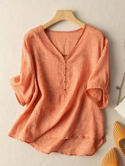 Women's Solid Color V-Neck Short Sleeve Loose Casual Linen Top