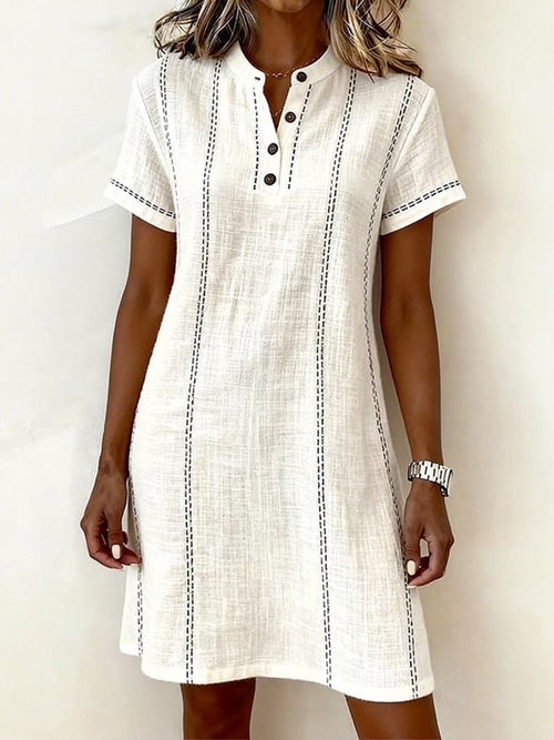 Women's Casual Round-Neck Color-Block Cotton-Linen Dress