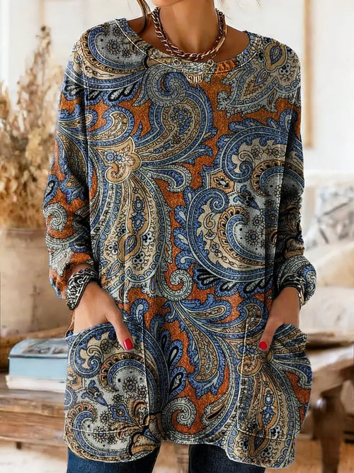 Women's Vintage Ethnic Floral Art Print Casual Long-sleeve Crew Neck Pocket Cotton Denim T-shirt