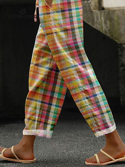 Vintage Check Print Lace-Up Casual Pants