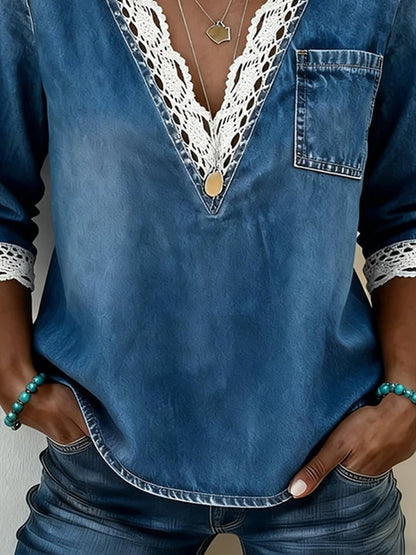 Women'S Casual V-Neck Lace Patch Denim Shirt