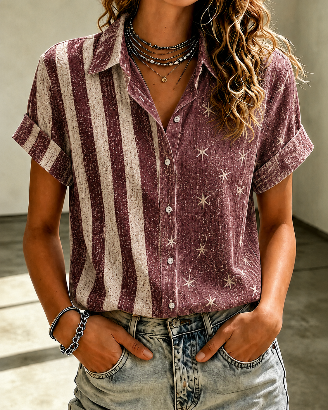 Women'S Casual American Flag 250Th Anniversary Celebration Floral Embroidery Printed Lapel Shirt