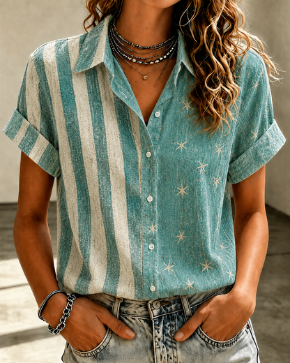 Women'S Casual American Flag 250Th Anniversary Celebration Floral Embroidery Printed Lapel Shirt