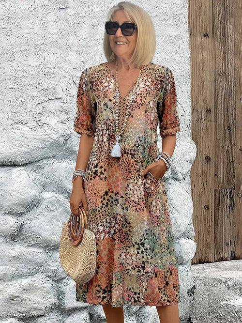 Women's Short Sleeve Summer Leopard Lace Dress V Neck Daily Going Out Casual Knee Length A-Line Khaki