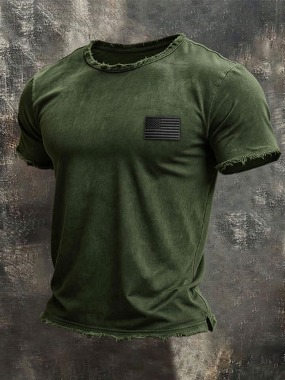 Men'S Retro Style Loose Cuff 100% Cotton Washed And Faded T-Shirt