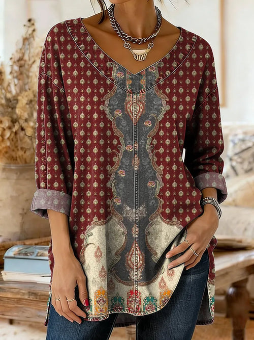 Women's Denim-colored Patchwork Pattern Art Print Casual Washed Denim Cotton Shirt