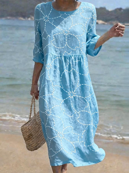 Women's Casual  Round Neck Mid Sleeve Print Cotton and Linen Dress