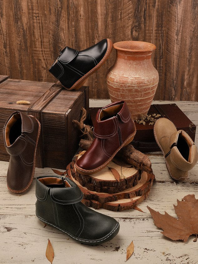Women Hemmed Zip Casual Plain Round Toe Short Boots With Flat Heel
