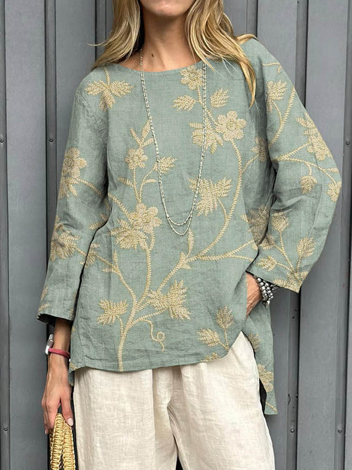 Women's Vintage Floral Art Print Casual Cotton Linen Shirt