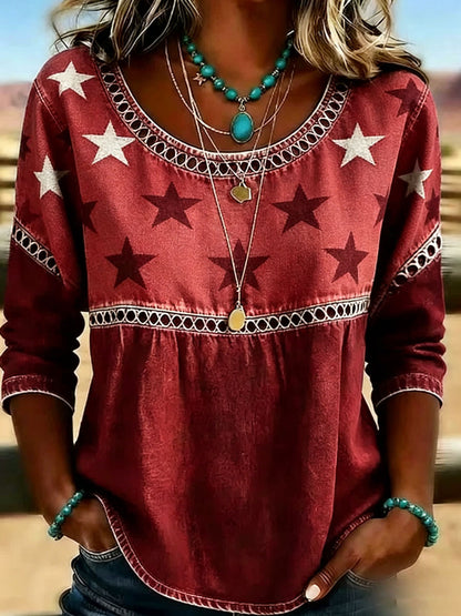 Women's Casual Round-Neck Printed Cotton-Linen Top