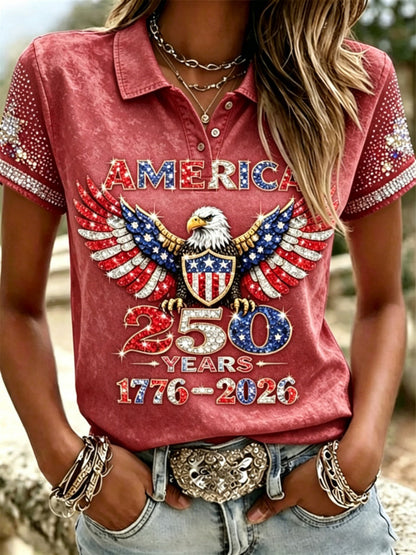 American 250th Anniversary Rhinestone Design Women's Polo Shirt