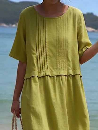 Women's Casual Round-Neck Pleated Patchwork Dress
