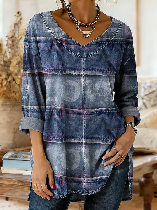Women's Vintage Love-shaped Art Print Casual Washed Denim Cotton Top